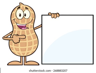 Peanut Cartoon Character Showing A Blank Sign. Vector Illustration Isolated On White