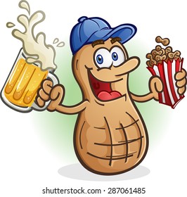 Peanut Cartoon Character Sports Fan Drinking Beer