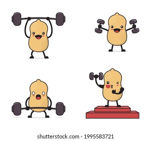 Peanut Cartoon. with exercise equipment, dumbbells, barbells.