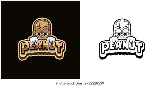 Logotipo de dibujos animados de cacahuete con texto y una alta expresión. Diseño a todo color y en blanco y negro. Diseño para pegatina, etiqueta, cubierta, embalaje, camiseta, negocio y Producto. Vectores y Ilustraciones.