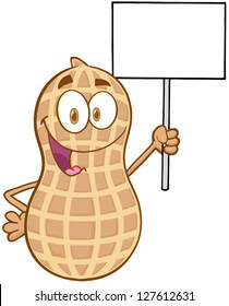 Peanut Cartoon Mascot Character Holding Up A Blank Sign