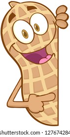 Peanut Cartoon Mascot Character Looking Around A Blank Sign