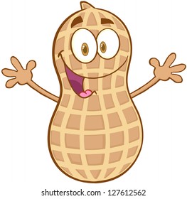 Peanut Cartoon Mascot Character With Welcoming Open Arms