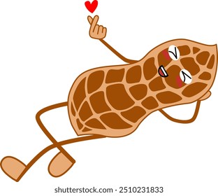 The peanut character leaning with his hand shows a sign of love