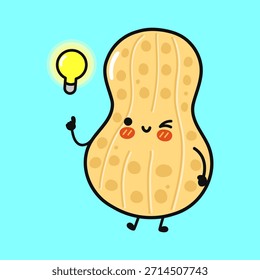 El personaje del cacahuete sonríe y guiña un ojo, señalando con el dedo una bombilla amarilla brillante, dando vida a un concepto juguetón e imaginativo para la inspiración y la innovación