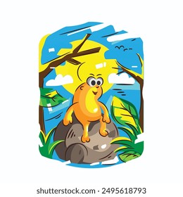 a peanut character who is sunbathing on the river bank
