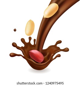 Peanut in chocolate splashes. Nuts realistic illustration