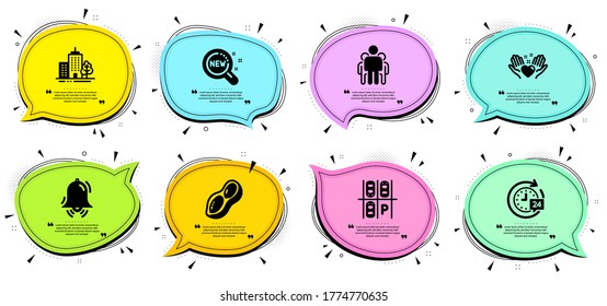 Peanut, Clock bell and Hold heart signs. Chat bubbles with quotes. Skyscraper buildings, Group and New products line icons set. 24h delivery, Parking place symbols. Town architecture, Managers. Vector