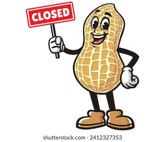 Peanut with closed sign board cartoon mascot illustration character vector clip art hand drawn