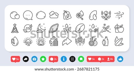 Peanut, Cloudy weather and Sunflower seed line icons pack. Social media: share, comment, like icons. Co2 gas, Windy weather, Bio shopping web icon. Vector