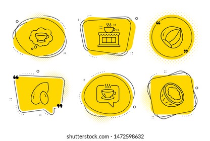 Peanut, Coconut signs. Chat bubbles. Coffee, Coffee cup and Hazelnut line icons set. Cafe, Think bubble, Vegetarian nut. Tea house. Food and drink set. Line coffee icon. Speech bubble quote. Vector