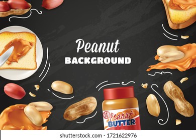 Peanut colored background with realistic images of beans snacks and jar with peanut butter on chalkboard vector illustration