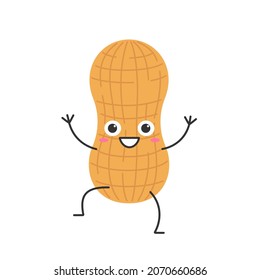 Peanut cute cartoon character hand greeting smiling face happy emotions beautiful nut vector illustration.