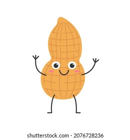 Peanut cute cartoon character hand greeting smiling face happy emotions beautiful nut vector illustration.