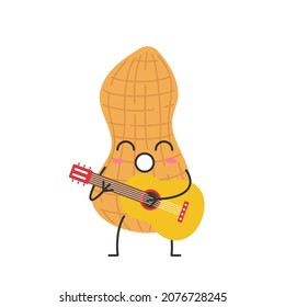 Peanut cute cartoon character plays the guitar sings happy emotions beautiful nut vector illustration.