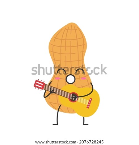Peanut cute cartoon character plays the guitar sings happy emotions beautiful nut vector illustration.