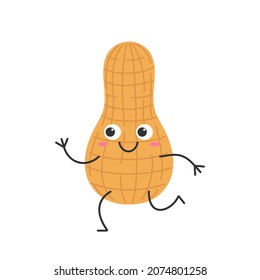 Peanut cute cartoon character running smiling face happy emotions beautiful nut vector illustration.