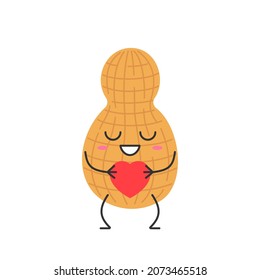Peanut lindo personaje de caricatura sonriente cara feliz emociones amor señas corazón hermosa ilustración vectorial de nueces.