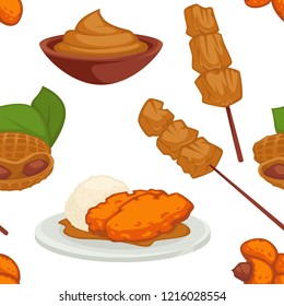 Peanut dishes of food or drinks and desserts seamless pattern. Vector icons of peanut butter, vegan cookie and pastry cakes and chocolate ingredients