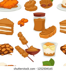 Peanut dishes of food or drinks and desserts seamless pattern. Vector icons of peanut butter, vegan cookie and pastry cakes and chocolate ingredients