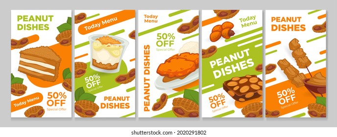 Peanut dishes in today menu, delicious food poster set, vector illustration. Healthy nutrition with peanut butter, ingredient for special offer. Sweet breakfast at restaurant advertising poster.
