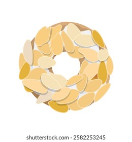 peanut donut with vanilla jam and peanuts on top, flat color and simple design, almond donuts