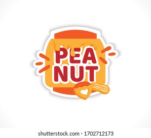 Peanut flat vector logo template. Nut nutrition, natural, organic and vegan food icon. Sign with jar of nut butter - sweet label with Peanut inscription for vegan store, label, package emblem.