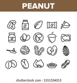Peanut Food Collection Elements Icons Set Vector Thin Line. Peanut Oil And Butter, Acorn And Hazel, Coffee Beans And Cocoa, Walnut And Nut Concept Linear Pictograms. Monochrome Contour Illustrations
