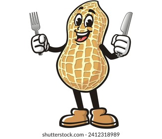 Peanut with fork and knife cartoon mascot illustration character vector clip art hand drawn