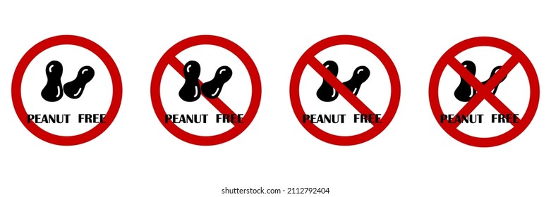 Peanut free symbols set. Prohibited icons. Information signs. Healthy snack. Food logo. Vector illustration. Stock image. 