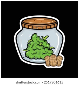 Peanut Fruit Flavor With Cartoon Mascot of Weed Bud On Jar. For Sticker and label. Vector and Illustration.