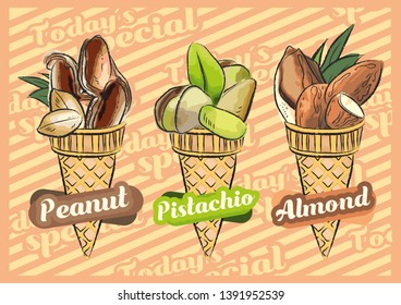 Peanut ice cream. Pistachio ice cream. Almond ice cream. Vector illustration of fruit ice cream cone, Hand-drawn design