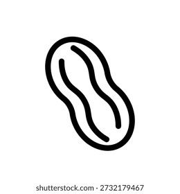 Peanut icon in clean outline style showing peanut symbol. Represents peanuts, nut ingredients, and food category for nutrition labels and menus. Suitable for restaurant menus, dietary information, food packaging, wellness apps, and UI filters. Minimalist black and white vector icon with editable stroke, scalable for UI, web, and print use.