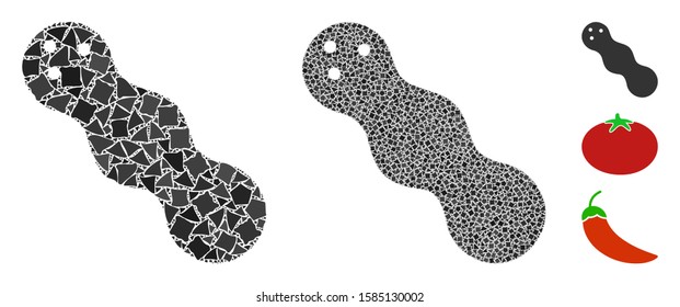 Peanut icon composition of rough pieces in variable sizes and color tints, based on peanut icon. Vector rough parts are combined into collage. Peanut icons collage with dotted pattern.