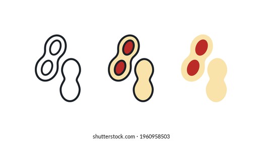 Peanut icon. Linear color flat icons of nuts, contour, shape, outline isolated on white. Thin line. Modern design. Vector set. Healthy food and vitamins