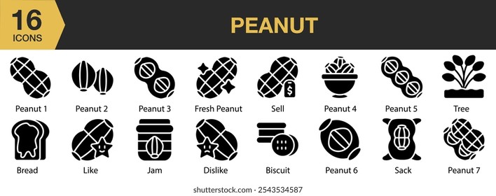 Conjunto de ícones de amendoim. Inclui biscoito, pão, antipatia, fresco, geleia, como, amendoim, e Mais. Coleção vetorial de ícones sólidos.