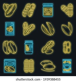 Peanut icon set. Outline set of peanut vector icons neon color on black