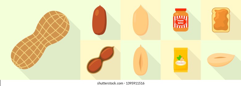 Peanut icons set. Flat set of peanut vector icons for web design