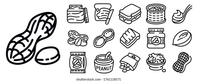 Peanut icons set. Outline set of peanut vector icons for web design isolated on white background