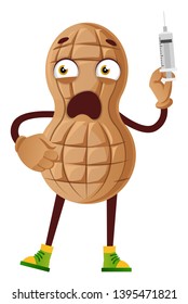 Peanut with injection, illustration, vector on white background.