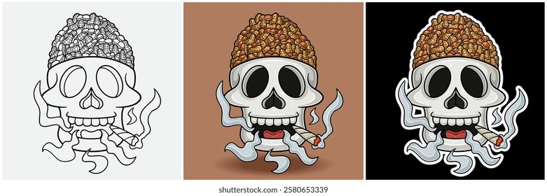 Peanut Inside Skull Head With Smoking Character Cartoon. Black White, Colorful and Sticker Style. For T shirt print, Brand Logo, Label and Mascot product. Vectors Illustrations