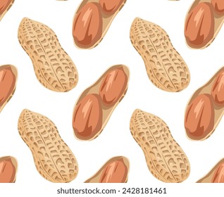 Peanut kernels in shell and half open at different angles. Seamless pattern in vector. Suitable for backgrounds and prints