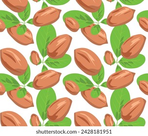 Peanut kernels with peanut tree leaves. Seamless pattern in vector. Suitable for backgrounds and prints