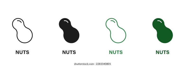 Peanut Line and Silhouette Icon Set. Nuts Green and Black Pictograms. Allergen Ingredient Contains Peanut Symbol Collection on White Background. Isolated Vector Illustration.