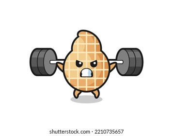 peanut mascot cartoon with a barbell , cute design