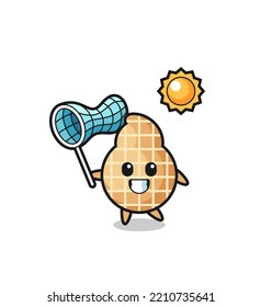 peanut mascot illustration is catching butterfly , cute design