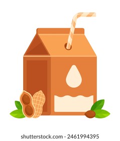 Peanut milk carton with a straw. Flat icon isolated on white background. Dairy-free beverage concept for lactose-intolerant students. Perfect for use in  school lunch materials