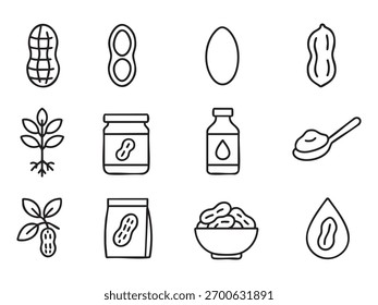 peanut minimal line icon set, black color and white background