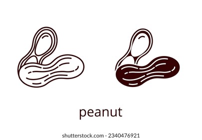 Peanut nut icon, line editable stroke and silhouette