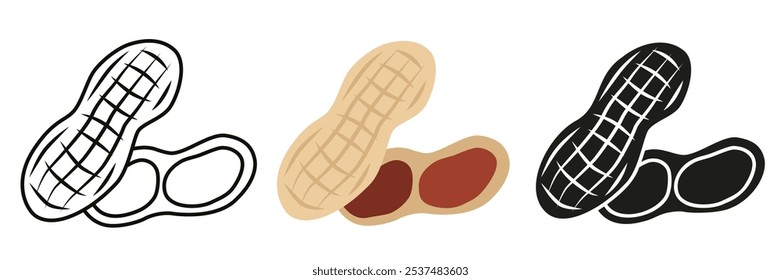 Amendoim. Ilustração de amendoins em diferentes estilos. Amendoim é uma noz para a sua publicidade. EPS 10.